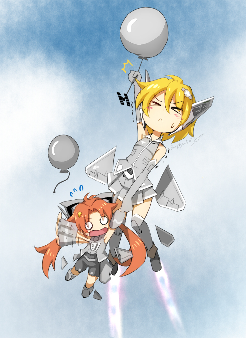 &gt;_&lt; 2023_china_balloon_incident 2girls aim-9_sidewinder aircraft airplane balloon blonde_hair carrying carrying_person elbow_gloves f-22_raptor f-35_lightning_ii fighter_jet full_body gloves headgear holding_hands jet military military_vehicle multiple_girls orange_hair original personification pleated_skirt skirt sky sleeveless sweatdrop thigh-highs zephyr164 zettai_ryouiki