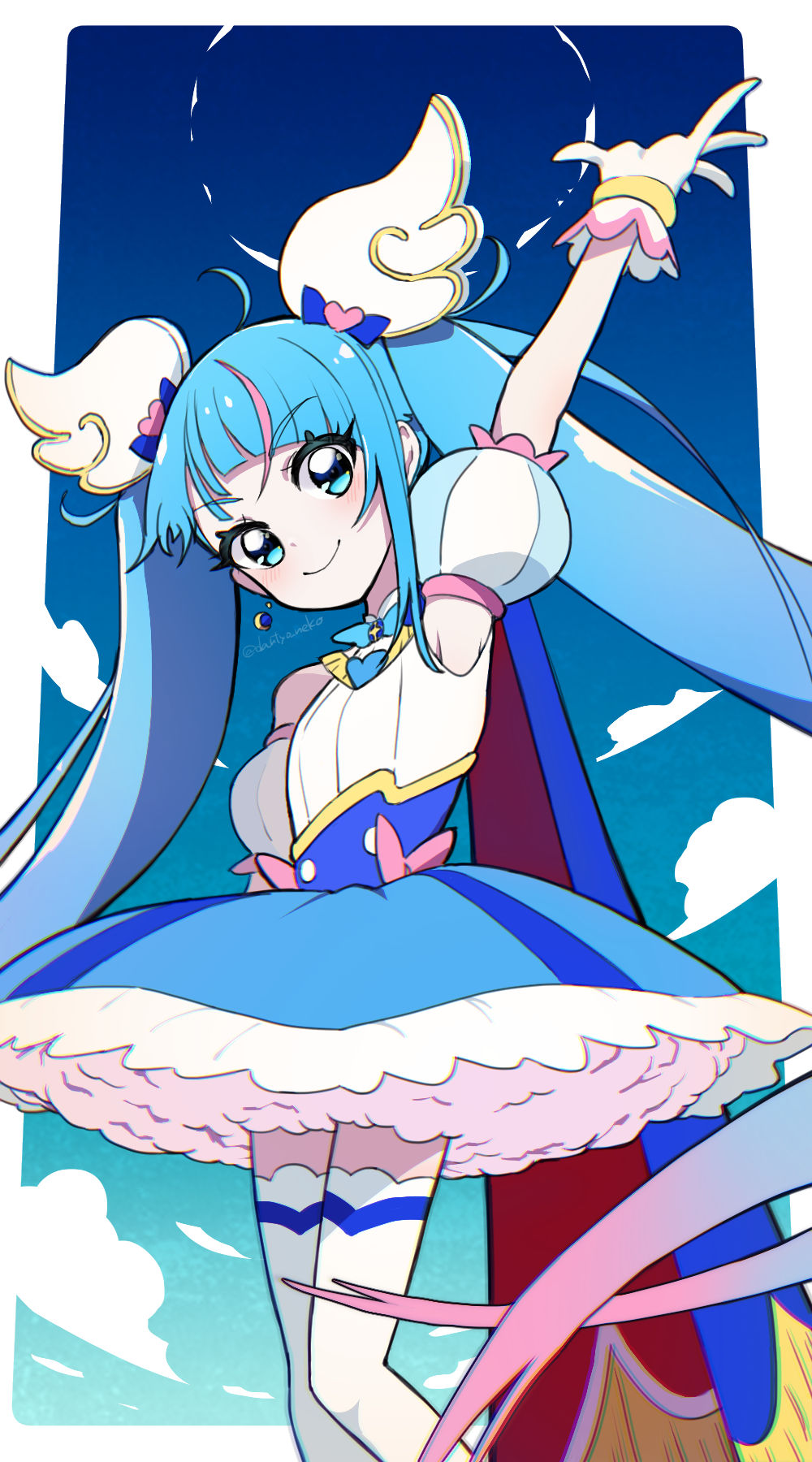 1girl blue_eyes blue_hair blue_skirt brooch cape commentary_request cure_sky dantyo0 detached_sleeves earrings highres hirogaru_sky!_precure jewelry long_hair magical_girl multicolored_hair petticoat precure puffy_detached_sleeves puffy_sleeves single_earring single_sidelock skirt smile solo sora_harewataru streaked_hair twintails two-sided_cape two-sided_fabric very_long_hair wing_brooch wing_hair_ornament