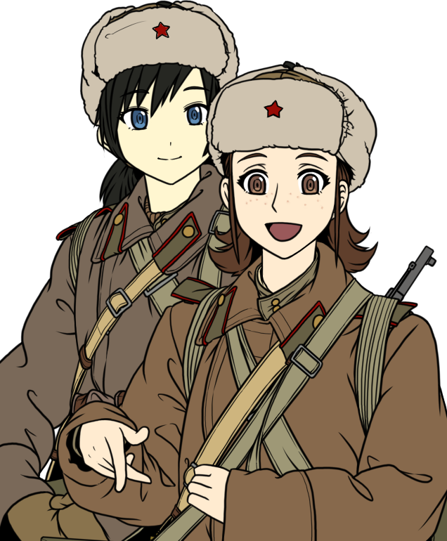 2girls bangs black_hair blue_eyes bolt_action brown_coat brown_eyes brown_hair closed_mouth coat collar_tabs collared_coat commentary english_commentary epaulettes flat_color freckles fur_hat gun hat hat_ornament ivan long_sleeves looking_at_viewer medium_hair military military_hat military_jacket military_uniform mosin-nagant multiple_girls open_mouth original pointing pointing_forward red_star red_trim rifle ringed_eyes short_hair shoulder_strap sling smile soldier soviet soviet_army star_(symbol) star_hat_ornament transparent_background uniform upper_body ushanka weapon weapon_on_back white_headwear world_war_ii