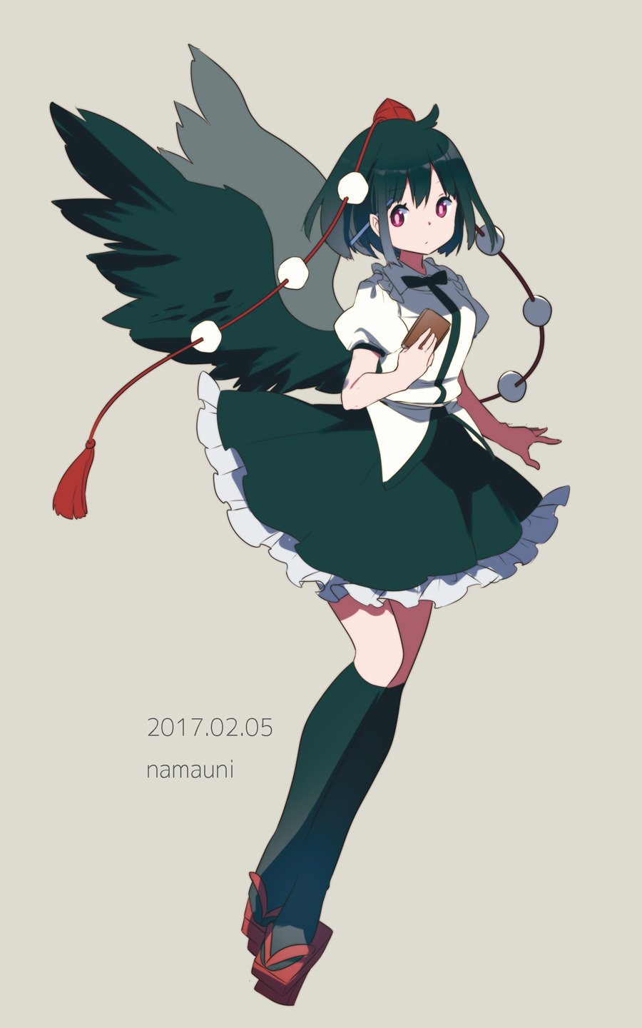 1girl artist_name bird_wings black_hair black_skirt black_socks black_wings closed_mouth collared_shirt dated feathered_wings frilled_skirt frills full_body geta grey_background hat highres kneehighs namauni one-hour_drawing_challenge pom_pom_(clothes) puffy_short_sleeves puffy_sleeves red_eyes red_footwear red_headwear shameimaru_aya shirt short_hair short_sleeves simple_background skirt socks solo tengu-geta tokin_hat touhou white_shirt wings