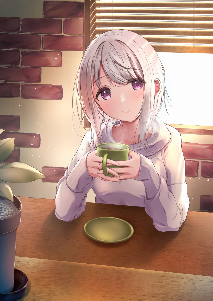 1girl akisaka_yamoka bangs blush commentary_request cup head_tilt highres holding holding_cup long_sleeves looking_at_viewer original saucer short_hair smile solo swept_bangs violet_eyes white_hair