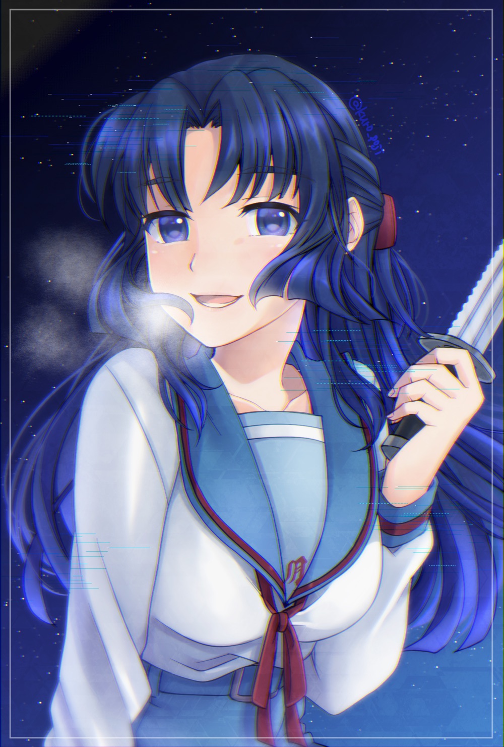 1girl :d asakura_ryouko bangs belt blue_belt blue_eyes blue_hair blue_sailor_collar blue_skirt breasts breath collarbone commentary_request highres holding holding_knife kita_high_school_uniform knife large_breasts long_hair long_sleeves looking_at_viewer nao_(doublexdutch) night night_sky open_mouth parted_bangs red_ribbon ribbon sailor_collar school_uniform serafuku skirt sky smile solo star_(sky) starry_sky suzumiya_haruhi_no_yuuutsu upper_body winter_uniform