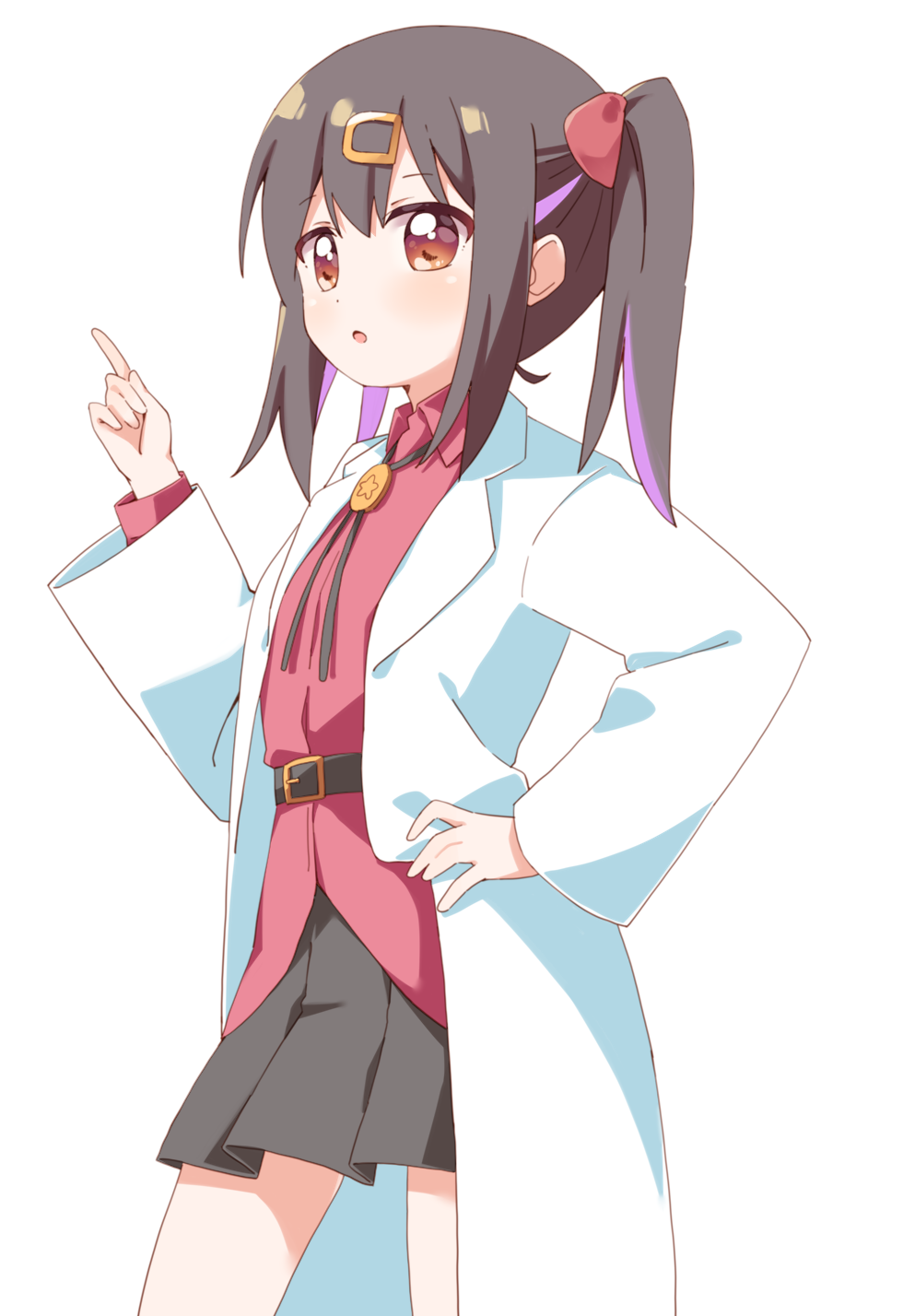 1girl :o bangs belt black_belt black_hair black_skirt bolo_tie brown_eyes coat collared_shirt commentary cowboy_shot hair_ornament hair_ribbon hairclip hand_on_hip haru_(konomi_150) highres index_finger_raised labcoat long_sleeves looking_at_viewer medium_hair multicolored_hair one_side_up onii-chan_wa_oshimai! open_mouth orange_eyes oyama_mihari pleated_skirt pointing purple_hair red_ribbon red_shirt ribbon shirt sidelocks simple_background skirt solo standing twintails two-tone_hair white_background white_coat wing_collar