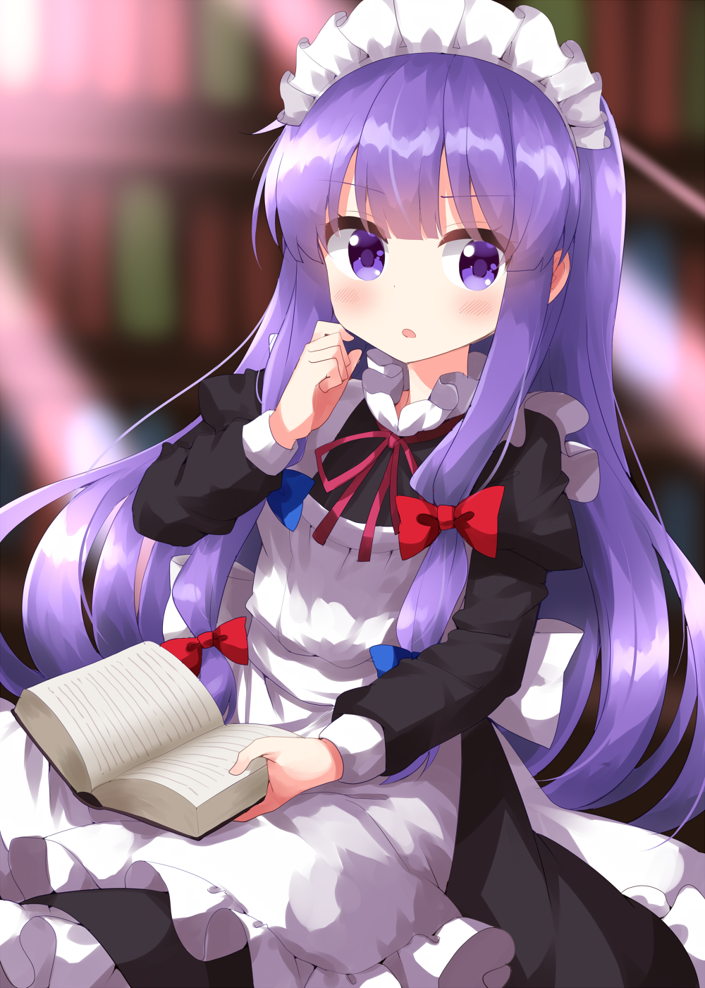 1girl alternate_costume apron back_bow bangs black_dress blue_bow blurry blurry_background blush book bookshelf bow bowtie breasts dress frills hair_between_eyes hair_bow hand_on_own_face hand_up highres holding holding_book indoors juliet_sleeves library long_hair long_sleeves looking_to_the_side maid maid_headdress medium_breasts one-hour_drawing_challenge open_book open_mouth patchouli_knowledge pink_bow pink_bowtie puffy_long_sleeves puffy_sleeves purple_hair red_bow ruu_(tksymkw) sidelocks solo touhou violet_eyes white_apron white_bow