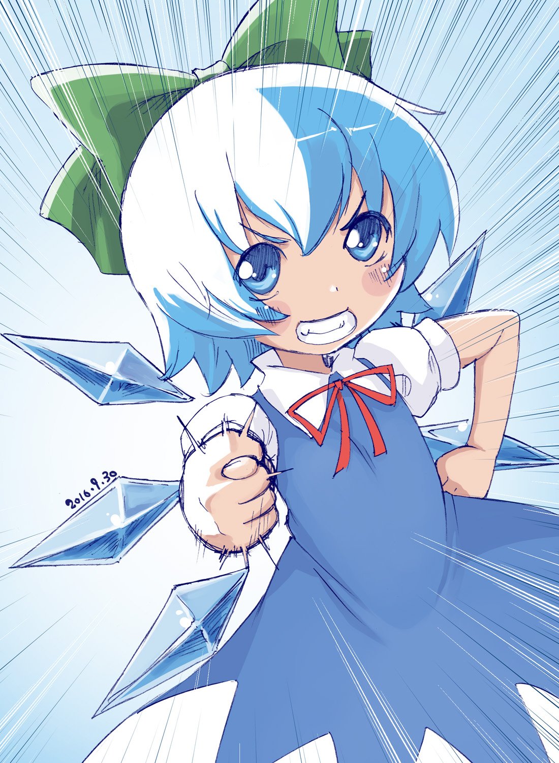 1girl bangs blue_dress blue_eyes blue_hair blush bow cirno collared_shirt commentary_request cowboy_shot dated dress dutch_angle emphasis_lines fig_sign flat_chest green_bow grin hair_bow hand_on_hip highres ice ice_wings kei_jiei looking_at_viewer neck_ribbon pinafore_dress pointing pointing_at_viewer puffy_short_sleeves puffy_sleeves red_ribbon ribbon shirt short_hair short_sleeves smile solo touhou white_shirt wings