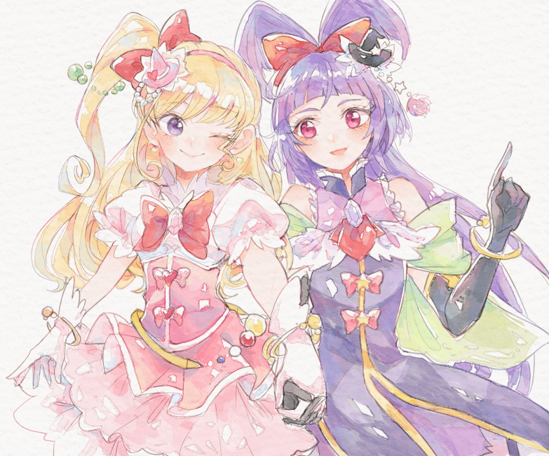 2girls asahina_mirai black_gloves blonde_hair blush bow cure_magical cure_miracle earrings elbow_gloves gloves hair_bow hat holding_hands itomugi-kun izayoi_liko jewelry long_hair magical_girl mahou_girls_precure! mini_hat mini_witch_hat multiple_girls one_eye_closed one_side_up pink_headwear precure purple_hair red_bow red_eyes short_bangs smile violet_eyes white_gloves witch_hat