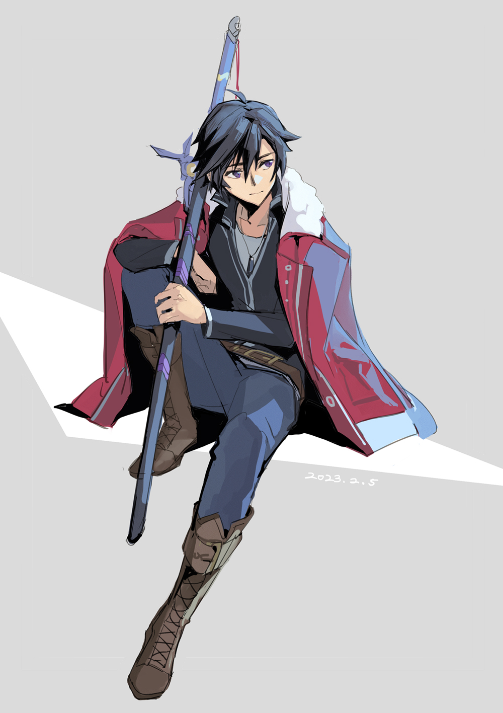 1boy ahoge black_hair coat eiyuu_densetsu feng_you fur_collar highres holding holding_sheath holding_sword holding_weapon katana rean_schwarzer sen_no_kiseki sen_no_kiseki_ii sheath simple_background sitting solo sword two-tone_background violet_eyes weapon white_background