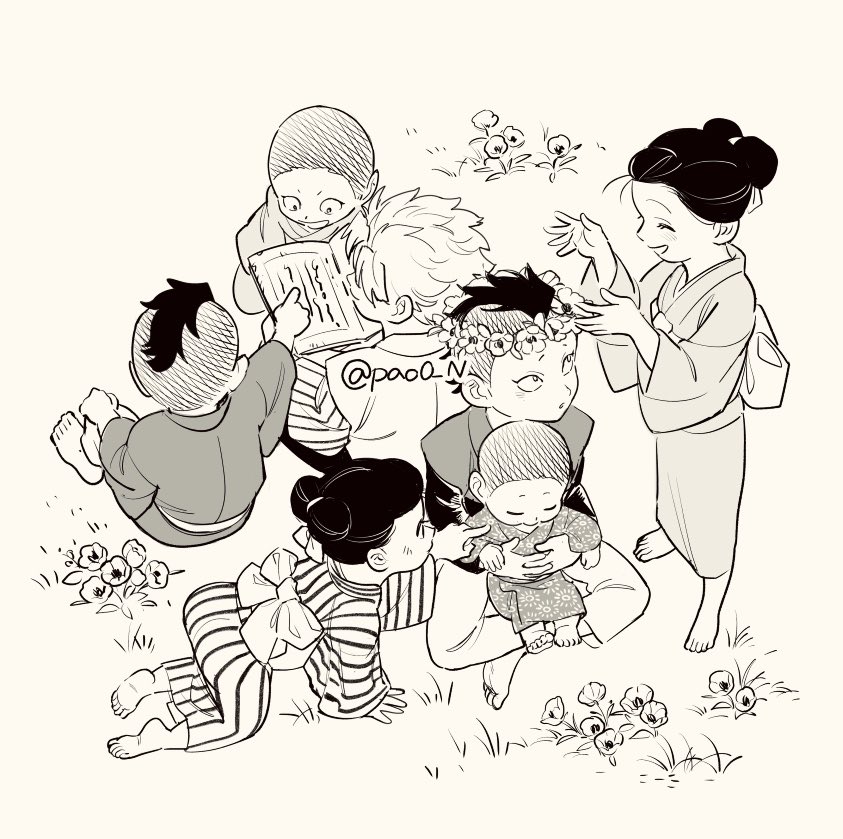 2girls 5boys ^_^ all_fours back-to-back barefoot book brother_and_sister brothers buzz_cut child closed_eyes female_child field flower flower_wreath from_above grass greyscale hair_bun hair_pulled_back hands_up happy head_wreath indian_style japanese_clothes kimetsu_no_yaiba kimono knee_up laughing long_hair long_sleeves looking_at_another looking_to_the_side looking_up male_child mohawk monochrome multiple_boys multiple_girls nihongami obi on_ground open_book outstretched_arm own_hands_together pants pao0_n pointing reading sash shinazugawa_genya shinazugawa_hiroshi shinazugawa_koto shinazugawa_sanemi shinazugawa_shuya shinazugawa_sumi shinazugawa_teiko short_hair siblings sisters sitting sitting_on_lap sitting_on_person sleeping sleeping_upright soles standing updo very_short_hair vest
