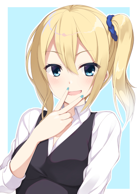 &gt;:) 1girl aria. bangs black_sweater_vest blonde_hair blue_eyes blue_nails blue_scrunchie blush breasts commentary_request eyelashes hair_between_eyes hair_ornament hair_scrunchie hand_up happy hayasaka_ai kaguya-sama_wa_kokurasetai_~tensai-tachi_no_renai_zunousen~ large_breasts light_blue_background lips long_hair long_sleeves looking_at_viewer open_mouth school_uniform scrunchie shirt shuuchiin_academy_school_uniform side_ponytail sidelocks simple_background smile solo sweater_vest v-shaped_eyebrows v_over_mouth white_shirt