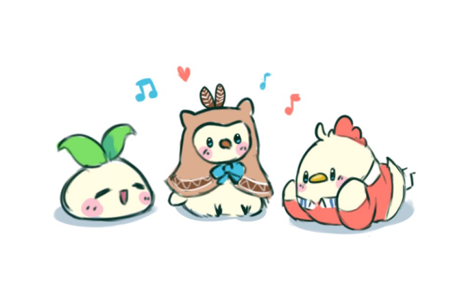 3others :d =_= bird blob blush brown_capelet capelet chicken creature dakuma feathers heart hololive hololive_english hooman_(nanashi_mumei) kfp kfp_employee_(takanashi_kiara) lying mascot multiple_others musical_note on_stomach owl ribbon sapling_(ceres_fauna) sitting smile sprout_on_head