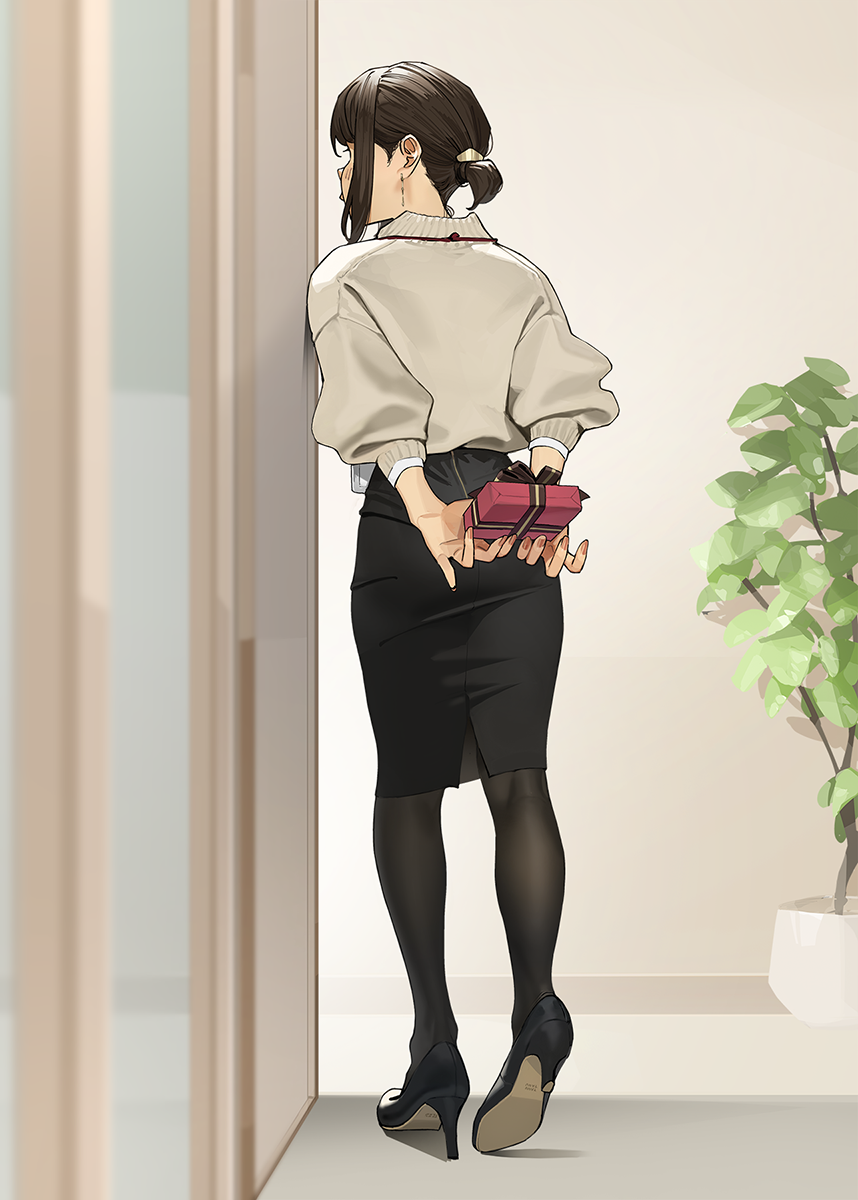 1girl arms_behind_back black_footwear black_pantyhose black_skirt blush box brown_hair commentary douki-chan_(douki-chan) fingernails from_behind ganbare_douki-chan gift gift_box grey_sweater highres holding holding_gift indoors long_sleeves pantyhose pencil_skirt plant shoes short_hair sidelocks skirt solo standing sweater valentine yomu_(sgt_epper)