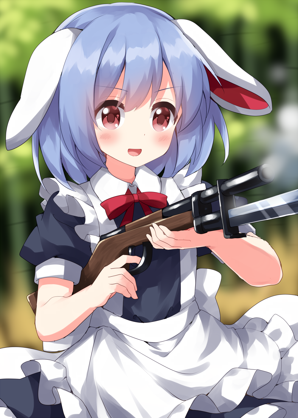 1girl :d alternate_costume animal_ears apron bangs bayonet blue_hair bow bowtie breasts collared_dress commentary_request cowboy_shot dress floppy_ears gun highres knife maid maid_apron musket one-hour_drawing_challenge open_mouth outdoors puffy_short_sleeves puffy_sleeves rabbit_ears red_bow red_bowtie reisen_(touhou_bougetsushou) rifle ruu_(tksymkw) short_hair short_sleeves shotgun small_breasts smile solo touhou weapon white_apron