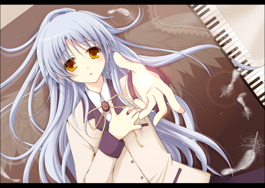 blazer blue_hair feathers foreshortening instrument kawai_maria long_hair lying piano school_uniform solo tachibana_kanade yellow_eyes