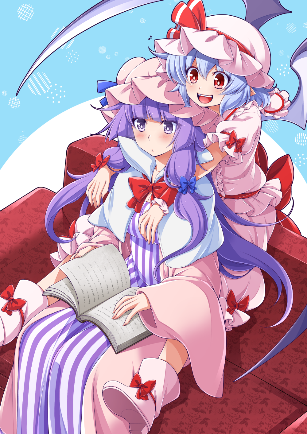 2girls :d back_bow bangs bat_wings blue_bow blue_hair blue_ribbon blunt_bangs blush book boots bow bowtie capelet commentary couch dress eichi_yuu eighth_note footwear_bow hair_between_eyes hair_bow hat hat_ribbon highres holding holding_book hug hug_from_behind long_hair long_sleeves mob_cap multiple_girls musical_note on_couch open_book open_mouth patchouli_knowledge pink_dress pink_footwear pink_headwear pink_shirt pink_skirt puffy_short_sleeves puffy_sleeves purple_dress purple_hair red_bow red_bowtie red_eyes red_ribbon remilia_scarlet ribbon shirt short_hair short_sleeves sitting skirt smile striped striped_dress teeth tongue touhou upper_teeth_only vertical-striped_dress vertical_stripes very_long_hair violet_eyes white_capelet wide_sleeves wings