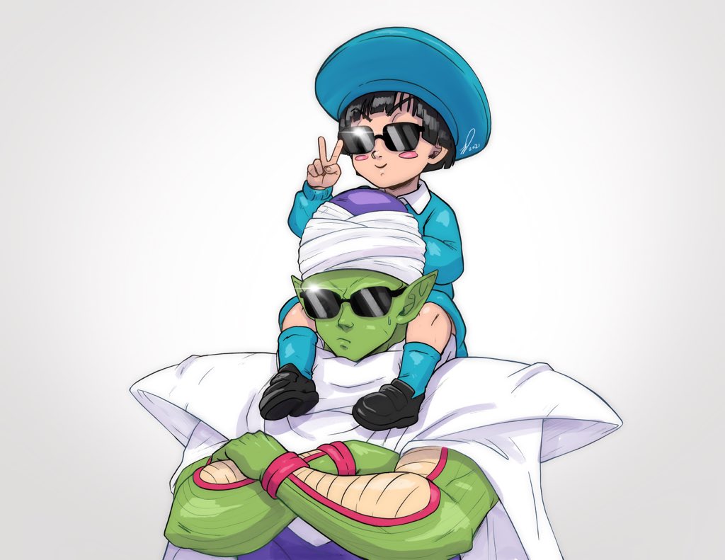 1boy 1girl black_hair cape carrying child commentary crossed_arms dragon_ball dragon_ball_super dragon_ball_super_super_hero english_commentary female_child frown hat kooj_artz pan_(dragon_ball) piccolo pointy_ears school_uniform short_hair shoulder_carry shoulder_pads signature smile sunglasses v white_cape