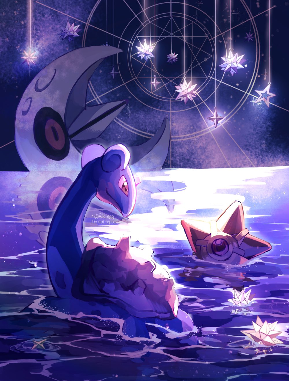 afloat brown_eyes closed_mouth commentary_request eko_(wk_egg) highres lapras looking_down lunatone night no_humans outdoors pokemon pokemon_(creature) reflection smile staryu twitter_username water watermark