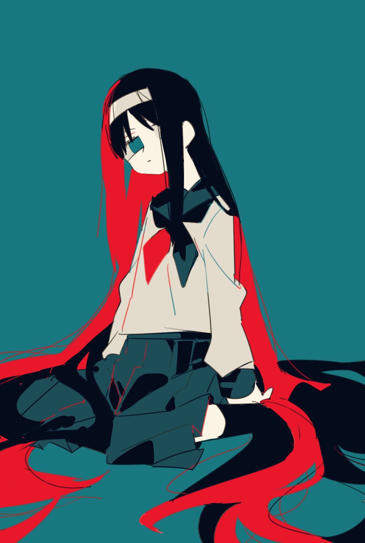 1girl absurdly_long_hair arms_at_sides bangs closed_mouth commentary_request expressionless hair_over_one_eye hair_spread_out hairband half-closed_eyes head_tilt highres kneehighs limited_palette long_hair long_skirt long_sleeves looking_at_viewer messy_hair neckerchief parted_bangs pleated_skirt sailor_collar school_uniform serafuku sideways_glance sitting skirt socks solo tohno_akiha tsukihime uotsu_(sabakou) very_long_hair wariza