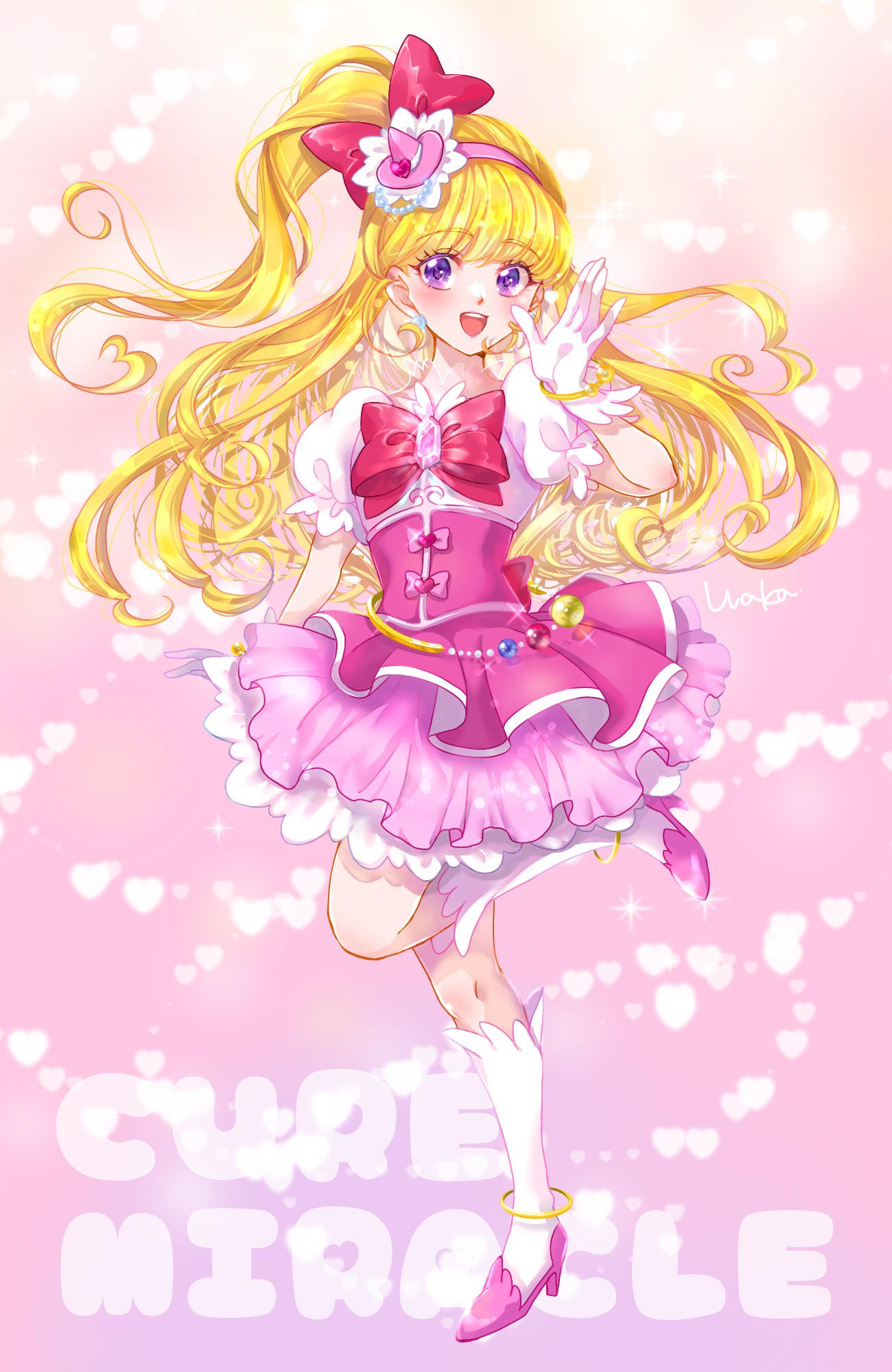 1girl asahina_mirai blonde_hair bow commentary_request cure_miracle diamond-shaped_brooch earrings english_text full_body gloves hat headband highres jewelry long_hair magical_girl mahou_girls_precure! mini_hat mini_witch_hat one_side_up pink_bow pink_footwear pink_headband pink_headwear precure puffy_short_sleeves puffy_sleeves short_sleeves smile socks solo violet_eyes waka_(negronoir) white_gloves witch_hat