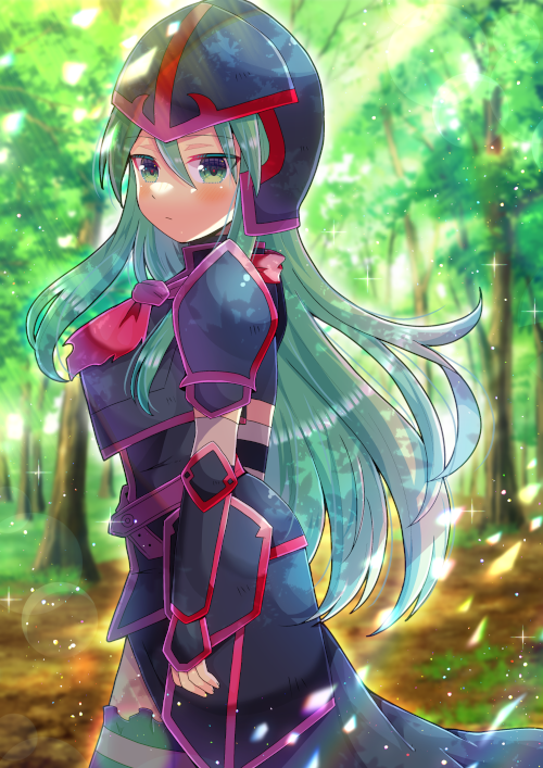 1girl armor bangs black_headwear black_thighhighs blurry blurry_background blush closed_mouth commentary_request commission day depth_of_field fire_emblem fire_emblem:_path_of_radiance from_side green_eyes green_hair hair_between_eyes helmet kou_hiyoyo long_hair looking_at_viewer looking_to_the_side nephenee_(fire_emblem) outdoors skeb_commission solo thigh-highs tree vambraces very_long_hair