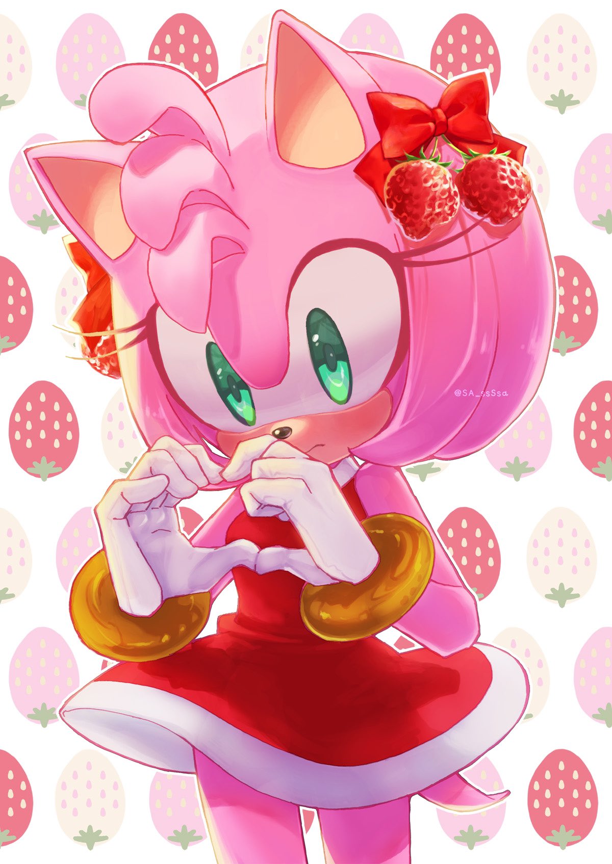 1girl amy_rose animal_ears artist_name bare_shoulders blush bow bracelet breasts closed_mouth commentary_request dress eyelashes food fruit furry furry_female gloves gold_bracelet green_eyes hands_up heart heart_hands hedgehog_ears hedgehog_girl hedgehog_tail highres jewelry looking_away medium_breasts pink_fur red_bow red_dress sa_ssssa sleeveless sleeveless_dress solo sonic_(series) standing strawberry strawberry_background tail white_background white_gloves