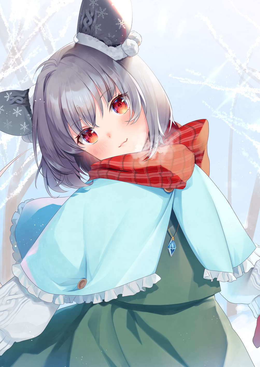1girl animal_ears ari_don bangs blue_capelet blush capelet ear_covers grey_hair head_tilt highres jewelry looking_at_viewer mittens mouse_ears nazrin plaid plaid_scarf red_eyes red_scarf scarf short_hair smile solo touhou