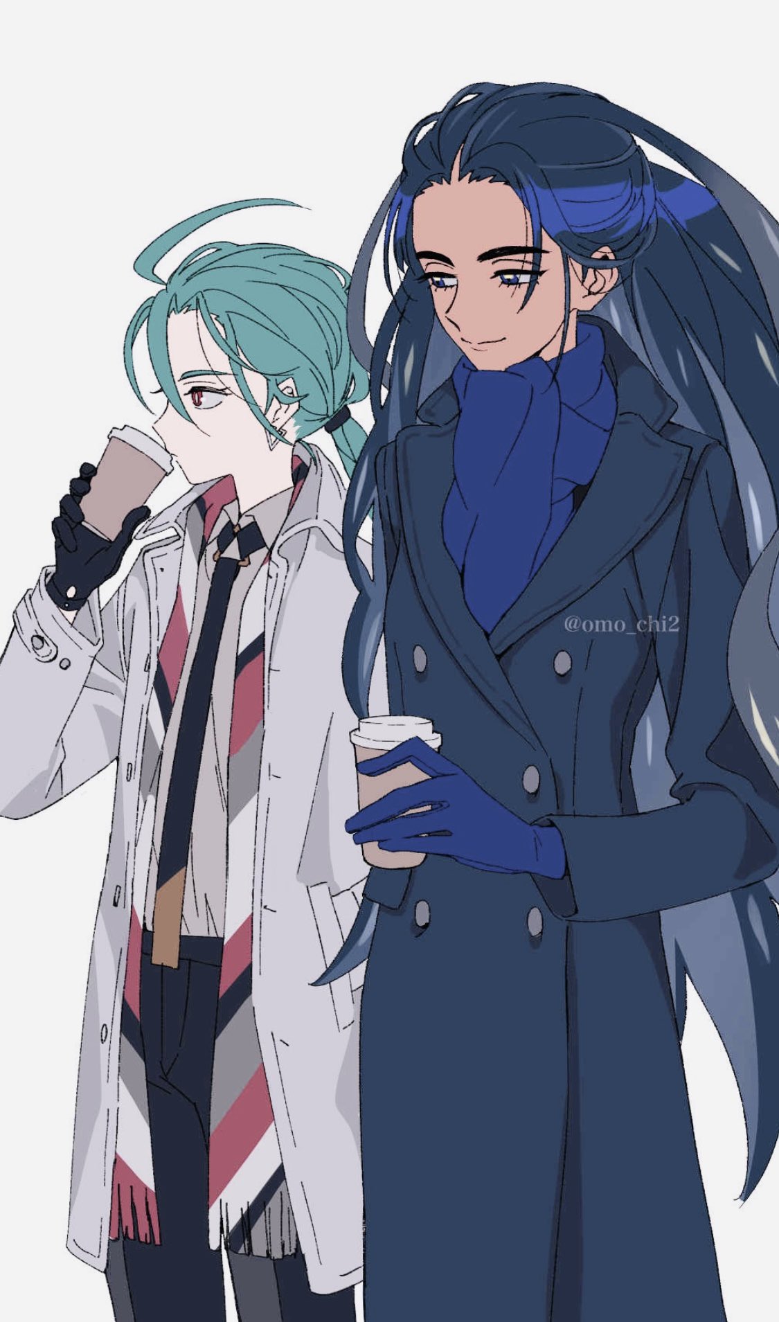 2girls bangs black_coat black_hair black_necktie black_pants blue_gloves blue_scarf buttons closed_mouth coat coffee_cup collared_shirt commentary_request cup disposable_cup double-breasted drinking earrings flat_chest geeta_(pokemon) gloves green_hair highres holding holding_cup jewelry long_hair long_sleeves multiple_girls necktie omo_chi2 open_clothes open_coat pants pokemon pokemon_(game) pokemon_sv ponytail rika_(pokemon) scarf shirt smile twitter_username watermark white_background