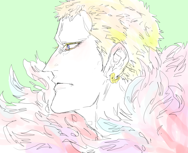 1boy adam's_apple blonde_hair blue_eyes coat donquixote_doflamingo earrings feather_coat feathers green_background jewelry looking_afar male_focus mature_male mawari28 no_eyewear one_piece pink_coat portrait profile short_hair solo traditional_media