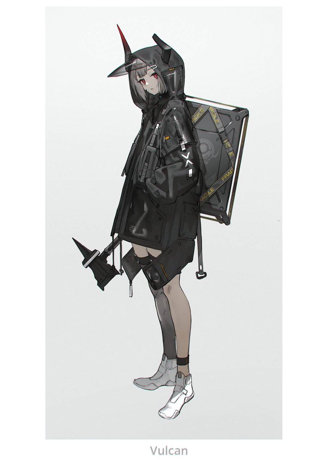 1girl alternate_costume anklet arknights arm_at_side bangs black_jacket blunt_bangs border broken_horn character_name container english_text full_body grey_background grey_hair hammer hand_in_pocket highres holding holding_hammer hood hood_up hooded_jacket horns jacket jewelry looking_at_viewer looking_to_the_side neco oripathy_lesion_(arknights) parted_lips prosthesis prosthetic_leg red_eyes shoes short_hair sneakers solo standing vulcan_(arknights) white_border white_footwear
