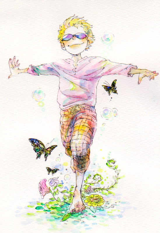 1boy aged_down barefoot blonde_hair bubble bug butterfly donquixote_doflamingo flower male_child male_focus mawari28 on_grass one_piece outstretched_arms pink_shirt plant running shirt short_hair smile solo sunglasses traditional_media