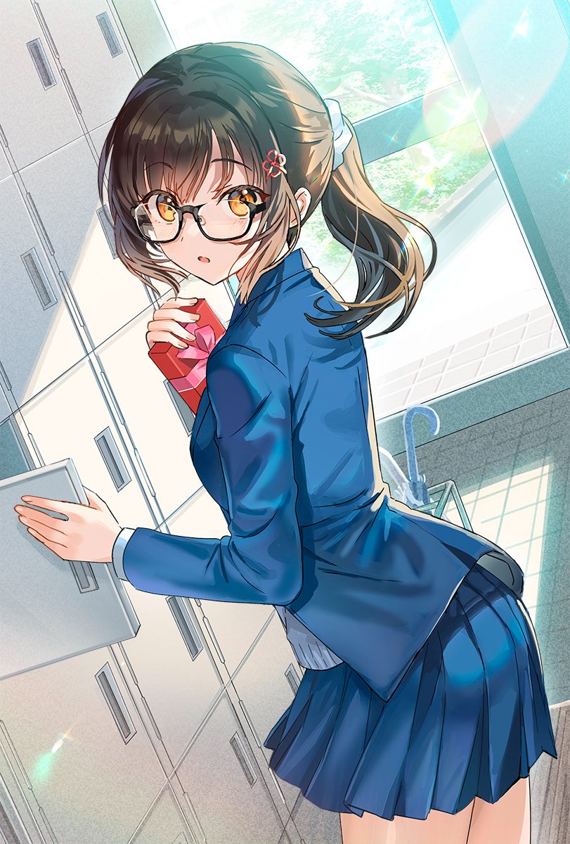 "rouhou"_ore_no_iinazuke_ni_natta_jimiko_ie_dewa_kawaii_shikanai. 1girl bangs black-framed_eyewear black_hair blazer blue_jacket blue_skirt blush brown_eyes bush cardigan commentary_request day door from_side gift glasses grey_cardigan hair_between_eyes hair_intakes hair_ornament hair_scrunchie hairpin highres holding indoors jacket lock long_hair long_sleeves looking_at_viewer novel_illustration official_art parted_lips pleated_skirt ponytail school_uniform scrunchie semi-rimless_eyewear shirt sidelocks skirt solo sunlight tan_(tangent) textless_version umbrella under-rim_eyewear valentine watanae_yuuka window wrapped_candy