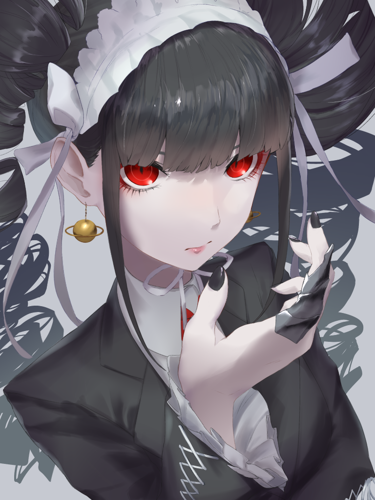 1girl bangs black_hair black_nails blunt_bangs bonnet celestia_ludenberg claw_ring collared_shirt commentary_request danganronpa:_trigger_happy_havoc danganronpa_(series) drill_hair earrings frills gothic_lolita grey_background hand_up jewelry johnnyyyyy lolita_fashion long_hair looking_at_viewer nail_polish necktie red_eyes red_necktie serious shirt simple_background solo twin_drills twintails
