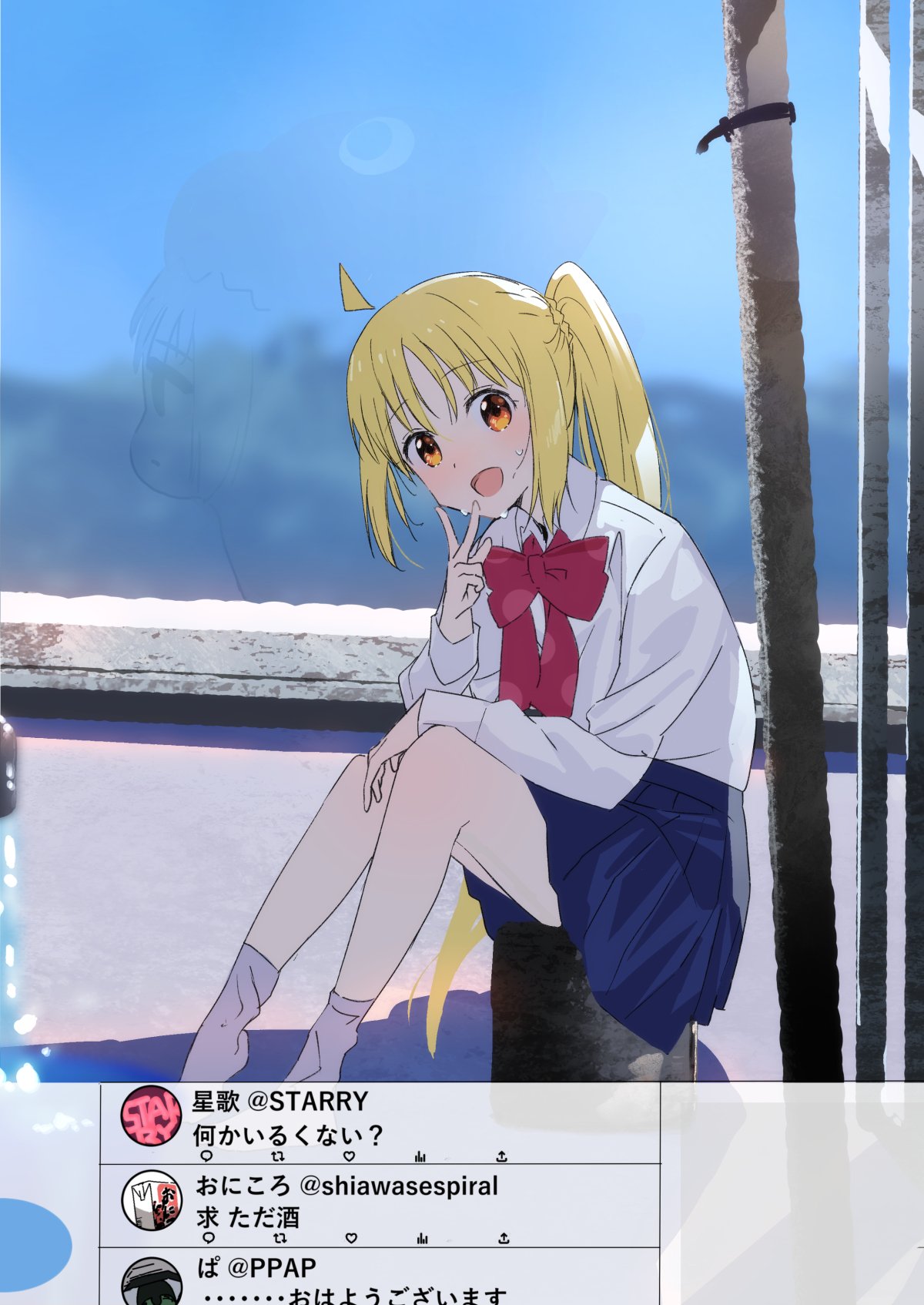 ahoge akiha_(attract) bangs blonde_hair blue_skirt blush bocchi_the_rock! bow bowtie collared_shirt commentary gotou_hitori highres ijichi_nijika long_hair looking_at_viewer open_mouth red_bow school_uniform shirt side_ponytail sitting sitting_on_object skirt smile socks sweat sweatdrop translated v white_shirt