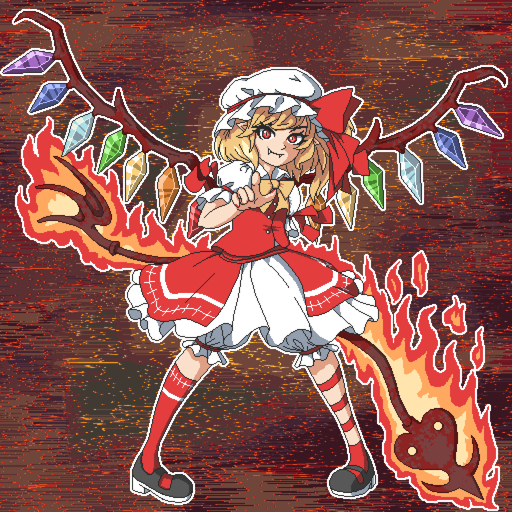 1girl aksawshin back_bow blonde_hair bow bowtie brown_footwear collared_shirt commentary crystal fang flandre_scarlet frilled_shirt_collar frilled_skirt frilled_sleeves frills hat hat_ribbon laevatein_(touhou) mary_janes medium_hair mob_cap one_side_up pixel_art pointing pointing_at_viewer puffy_short_sleeves puffy_sleeves red_eyes red_footwear red_ribbon red_skirt red_vest ribbon shirt shoes short_sleeves skirt skirt_set slit_pupils solo touhou vest white_bow white_headwear white_shirt wings wrist_cuffs yellow_bow yellow_bowtie