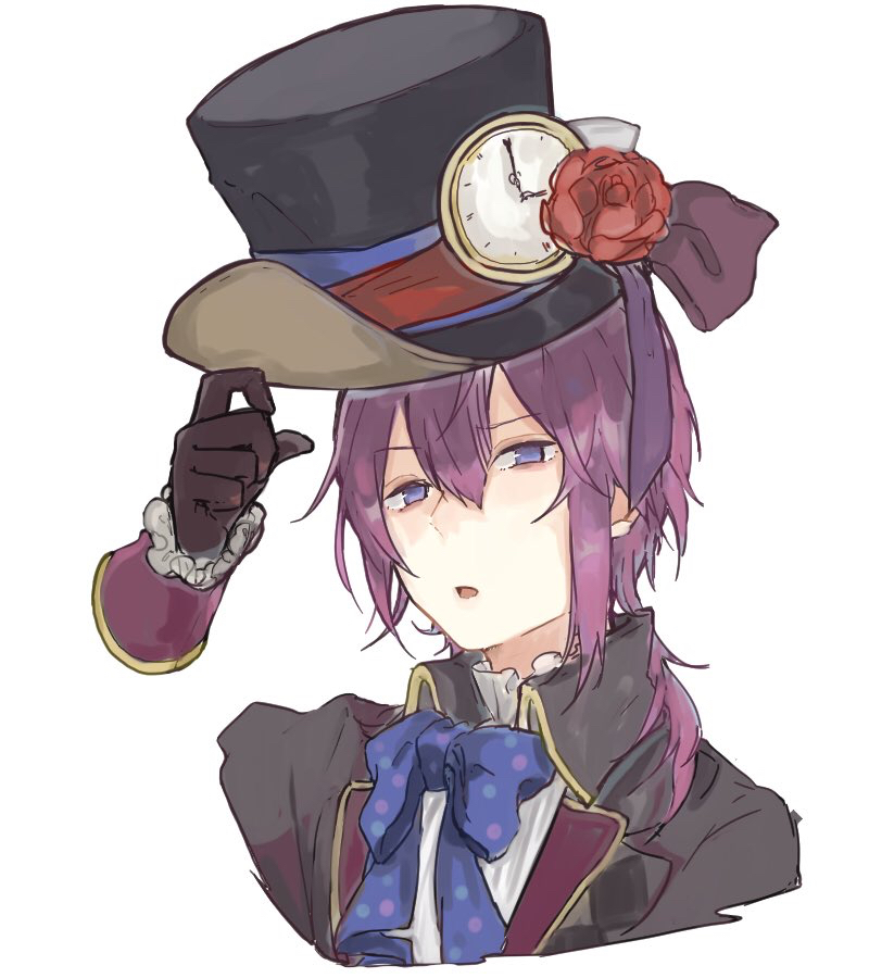 1boy black_jacket formal gloves hat hat_tip jacket kanon_(shiro_to_kuro_no_alice) long_hair long_sleeves looking_at_viewer male_focus open_mouth purple_hair shiro_to_kuro_no_alice sketch solo sooooniiiii top_hat violet_eyes white_background