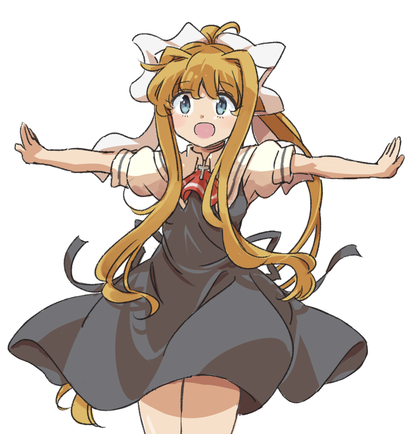 1girl air_(visual_novel) ascot astcd2 bangs black_dress blonde_hair blue_eyes commentary dress kamio_misuzu long_hair looking_at_viewer open_mouth outstretched_arms ponytail puffy_short_sleeves puffy_sleeves red_ascot shirt short_sleeves sidelocks simple_background solo white_background white_shirt