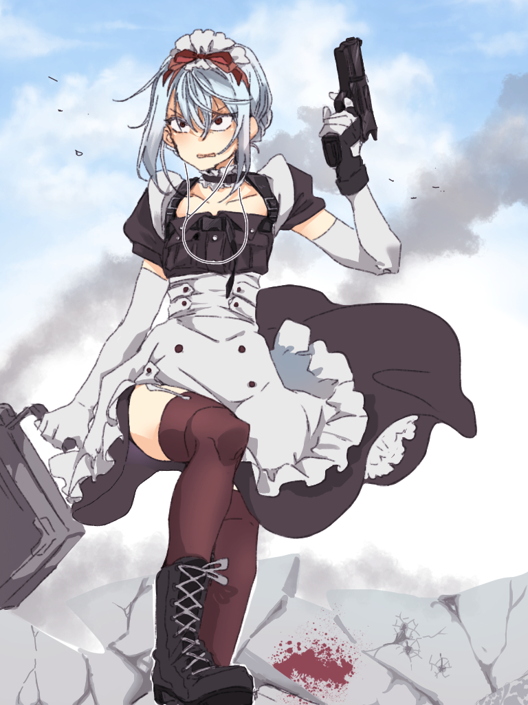 1girl accelerator_(toaru_majutsu_no_index) albino angry apron arm_up asymmetrical_gloves black_dress black_footwear blood blood_splatter boots briefcase choker clouds cloudy_sky collarbone colored_skin cross-laced_footwear dress elbow_gloves frilled_choker frills garter_straps genderswap genderswap_(mtf) gloves grimace gun handgun holding holding_briefcase holding_gun holding_weapon lace-up_boots leg_up maid maid_apron maid_headdress mismatched_gloves pale_skin pepo_peropero puffy_short_sleeves puffy_sleeves red_eyes red_thighhighs rock short_sleeves sky solo standing suzushina_yuriko thigh-highs toaru_majutsu_no_index waist_apron weapon white_gloves white_hair white_skin