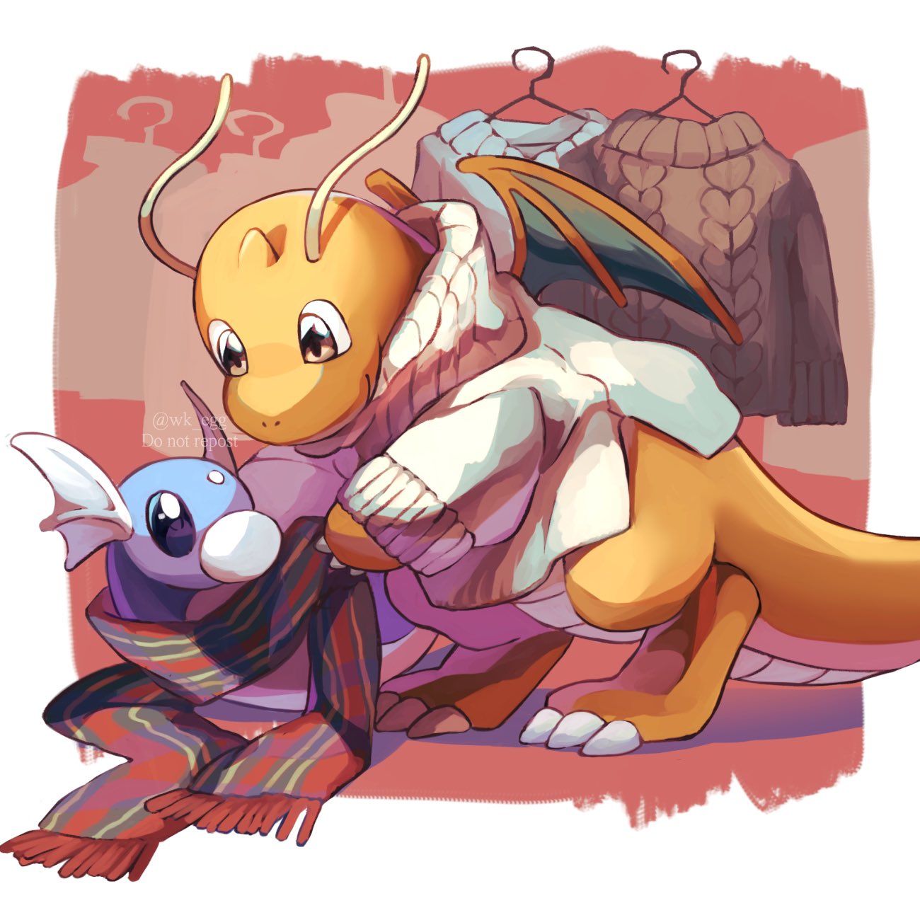 border brown_eyes claws closed_mouth clothed_pokemon clothes_hanger commentary_request dragonite dratini eko_(wk_egg) evolutionary_line highres no_humans pokemon pokemon_(creature) scarf smile sweater twitter_username watermark white_border