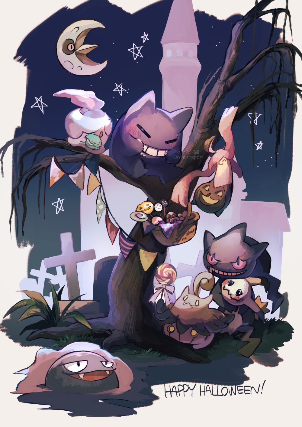 banette bare_tree basket black_eyes blush candy closed_eyes commentary_request eko_(wk_egg) fangs food gastly gengar gourgeist grin halloween hanging happy_halloween highres holding litwick lollipop lunatone mimikyu night no_humans open_mouth outdoors pokemon pokemon_(creature) pumpkaboo smile teeth tree twitter_username watermark
