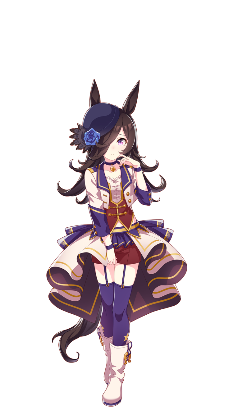 1girl animal_ears black_hair blue_flower blue_headwear blue_rose choker flower full_body hair_over_one_eye hat hat_flower highres horse_ears horse_girl horse_tail jacket long_hair long_sleeves looking_at_viewer midriff official_art purple_thighhighs red_shorts rice_shower_(umamusume) rose shorts simple_background solo starting_future_(umamusume) tail thigh-highs thigh_strap tilted_headwear transparent_background umamusume violet_eyes white_jacket