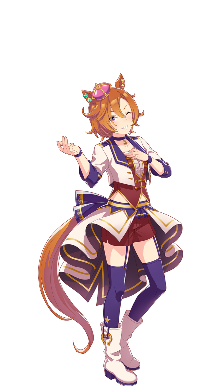 1girl ;) animal_ears choker crown hand_on_own_chest highres horse_ears horse_girl horse_tail jacket long_sleeves looking_at_viewer midriff mini_crown one_eye_closed orange_hair purple_thighhighs red_shorts shorts simple_background smile solo starting_future_(umamusume) t.m._opera_o_(umamusume) tail thigh-highs thigh_strap transparent_background umamusume violet_eyes white_jacket