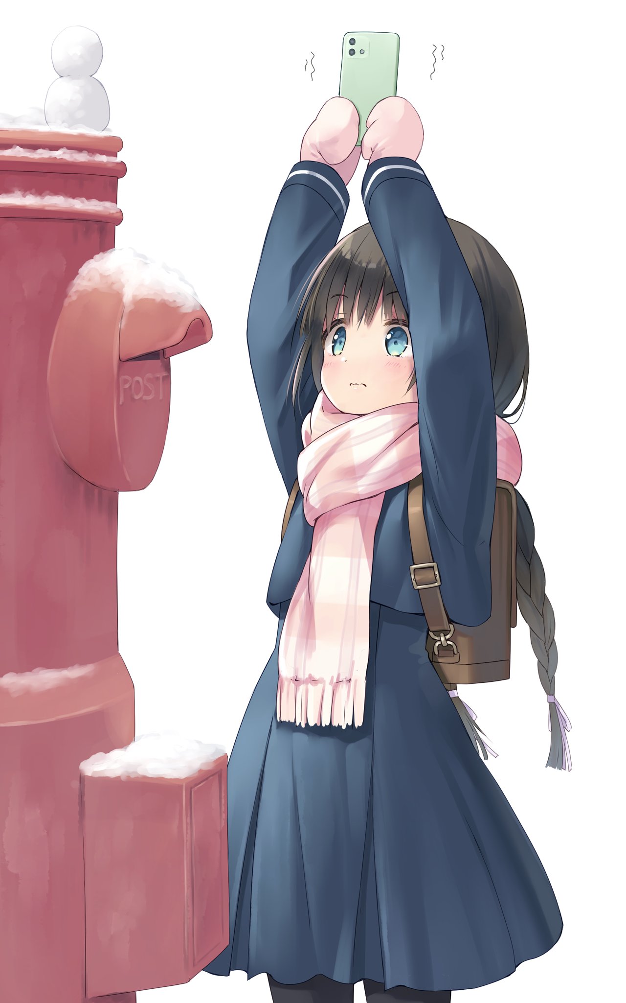 1girl aqua_eyes arms_up backpack bag bangs blue_skirt blush braid brown_hair cellphone closed_mouth commentary_request cowboy_shot highres holding holding_phone japanese_cylindrical_postbox long_hair looking_at_object mittens na-ga original pantyhose phone pink_scarf randoseru scarf school_uniform skirt smartphone snow snowman solo standing taking_picture twin_braids white_background winter_clothes