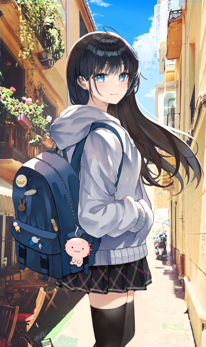 1girl backpack bag bag_charm bangs black_hair black_skirt black_thighhighs blue_bag blue_eyes blue_sky building chair charm_(object) closed_mouth clouds day floating_hair ground_vehicle hand_in_pocket hood hood_down hooded_jacket jacket long_hair looking_at_viewer looking_to_the_side miniskirt mole mole_under_eye motor_vehicle motorcycle original outdoors pleated_skirt shan_(ti0n) sidelocks skirt sky smile solo standing thigh-highs thighs white_jacket zettai_ryouiki