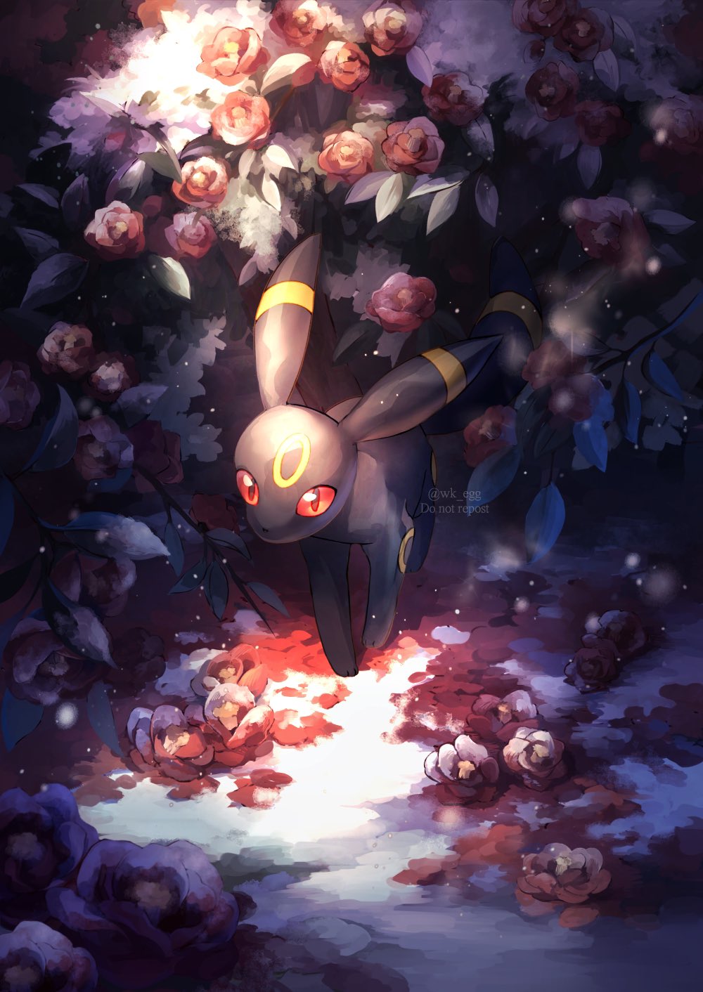 commentary_request eko_(wk_egg) flower highres looking_at_viewer no_humans orange_eyes outdoors pokemon pokemon_(creature) snow solo standing twitter_username umbreon watermark
