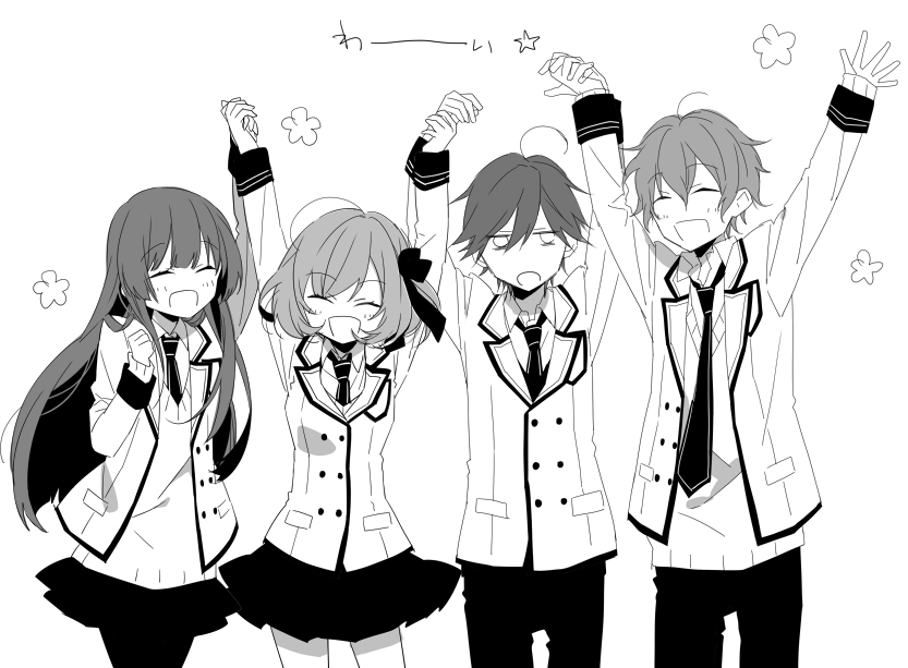 2boys 2girls a-ya_(shuuen_no_shiori) ahoge b-ko_(shuuen_no_shiori) bags_under_eyes bangs blazer blunt_bangs breast_pocket buttons c-ta closed_eyes collared_shirt cowboy_shot d-ne double-breasted empty_eyes facing_viewer flower_(symbol) greyscale hair_between_eyes hair_ribbon hands_up holding_hands jacket lapels long_hair long_sleeves monochrome multiple_boys multiple_girls naoto_(tulip) necktie notched_lapels open_clothes open_jacket open_mouth pants pantyhose pleated_skirt pocket ribbon school_uniform shirt short_hair shuuen_no_shiori_project simple_background sketch skirt sleeve_cuffs sleeves_past_wrists star_(symbol) striped_necktie sweater unbuttoned