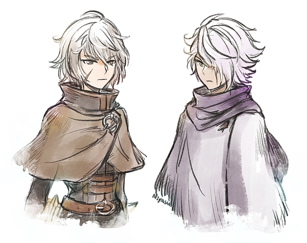 1boy 1girl anna_pascal artist_name belt closed_mouth commentary_request company_connection crossover english_commentary expressionless niyasu octopath_traveler scar scar_on_face short_hair simple_background sketch therion_(octopath_traveler) triangle_strategy upper_body white_background white_hair