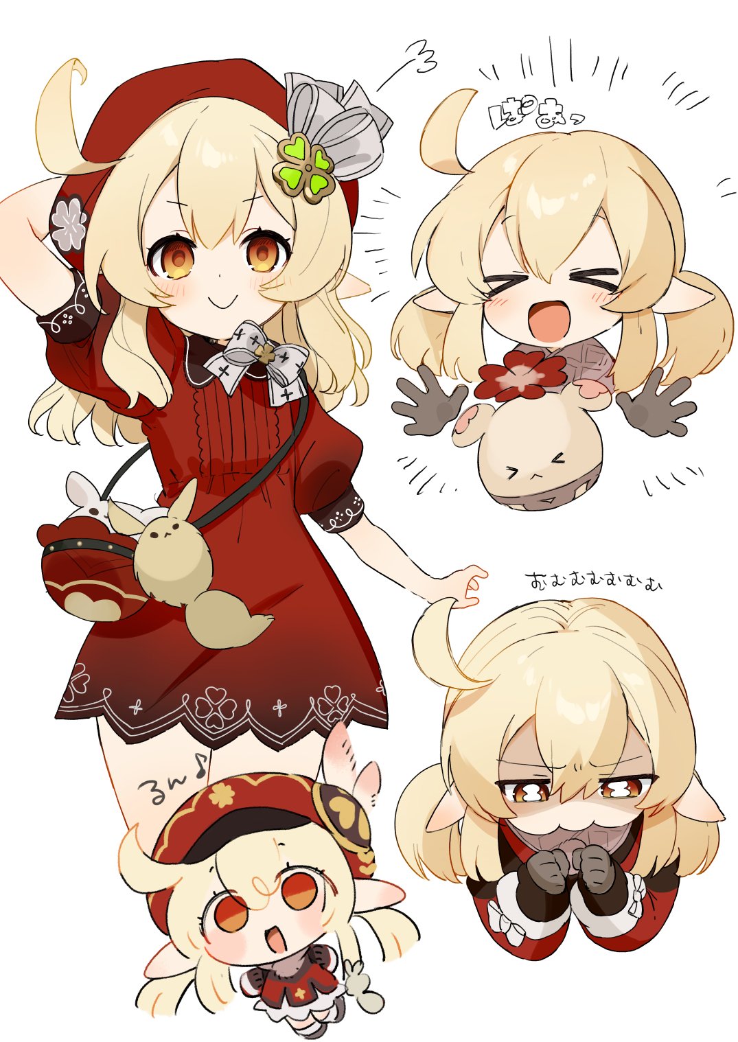&gt;_&lt; 1girl 2others ahoge alternate_costume alternate_hair_length alternate_hairstyle animal animal_ears arm_behind_head arm_up bangs beret blonde_hair blush bow brown_eyes brown_gloves brown_jacket brown_scarf chibi closed_eyes closed_mouth collared_dress commentary_request dodoco_(genshin_impact) dress dress_bow flower genshin_impact gloves gotoh510 green_flower grey_bow grey_flower grey_gloves grey_ribbon hair_between_eyes hair_flower hair_ornament hands_up hat hat_flower hat_ribbon highres jacket jumpy_dumpty klee_(genshin_impact) long_sleeves looking_down looking_to_the_side looking_up medium_hair multicolored_clothes multicolored_jacket multiple_others no_headwear open_mouth pointy_ears puffy_short_sleeves puffy_sleeves rabbit rabbit_ears red_dress red_eyes red_headwear red_jacket ribbon scarf shaded_face short_hair short_sleeves short_twintails simple_background smile standing tongue translation_request twintails two-tone_jacket v-shaped_eyebrows vision_(genshin_impact) white_background white_dress wing_collar yellow_fur