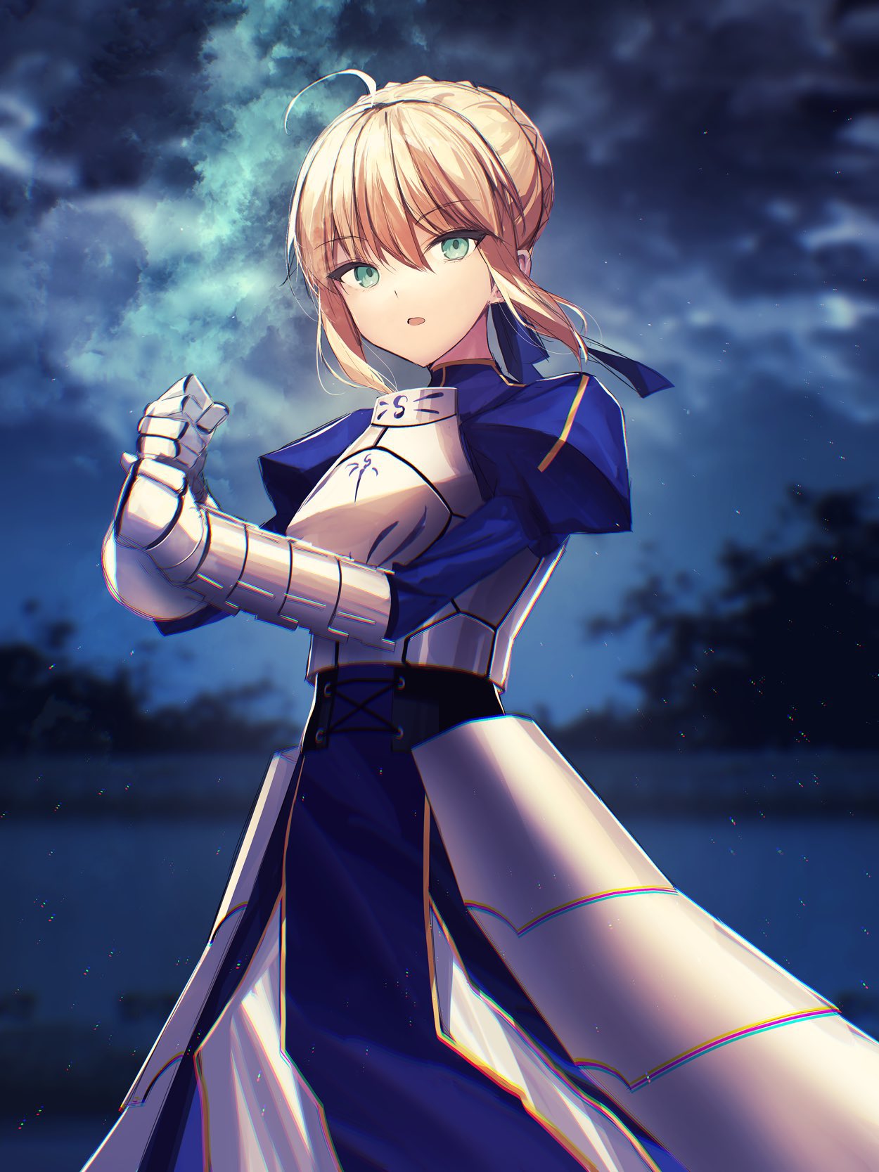 1girl ahoge armor armored_dress artoria_pendragon_(fate) bangs blonde_hair blue_dress blue_ribbon braid breastplate clouds commentary_request dress fate/stay_night fate_(series) french_braid gauntlets green_eyes hair_between_eyes hair_ribbon highres holding holding_sword holding_weapon invisible_air_(fate) juliet_sleeves long_sleeves looking_at_viewer night night_sky outdoors puffy_sleeves ribbon saber short_hair sidelocks sky solo sword tamitami weapon