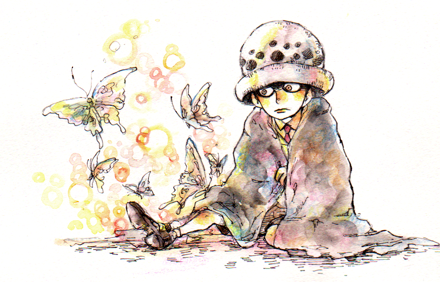 1boy aged_down brown_coat bug butterfly coat male_child male_focus mawari28 necktie on_ground one_piece outdoors red_necktie short_hair shorts sitting solo traditional_media trafalgar_law white_headwear yellow_butterfly yellow_eyes
