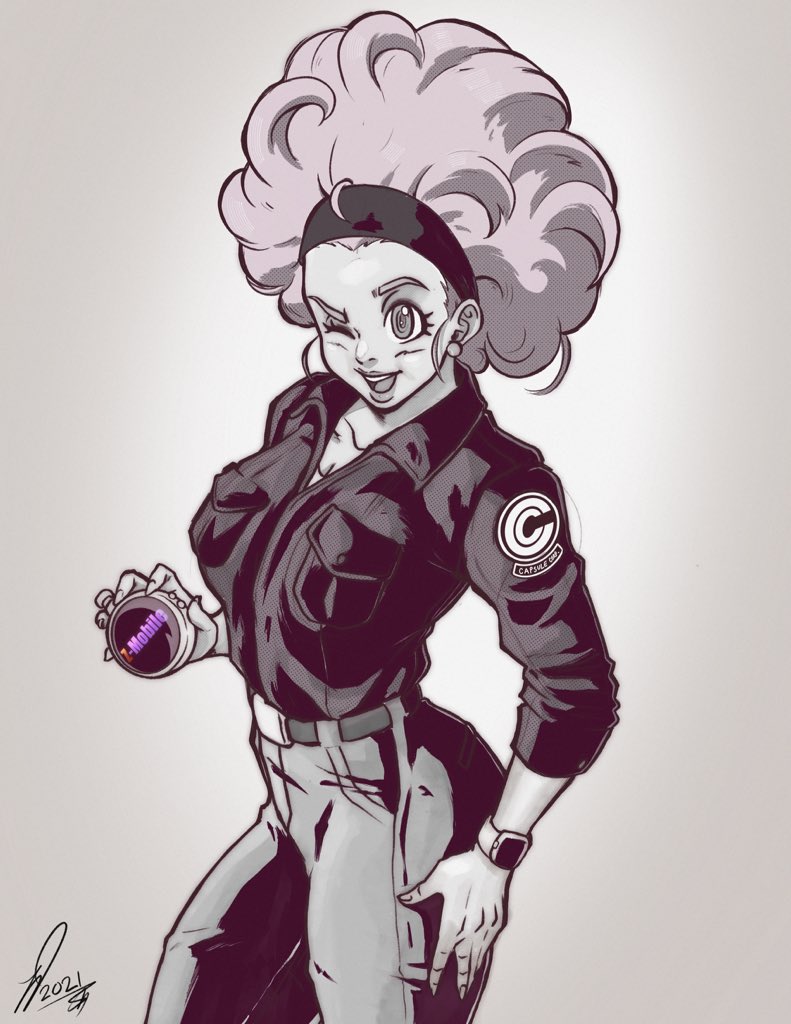 1girl 2021 afro belt brand_name_imitation breasts bulma commentary cowboy_shot derivative_work dragon_ball dragon_ball_z dragon_radar earrings english_commentary greyscale hairband hand_on_hip high-waist_pants jewelry kooj_artz large_breasts monochrome one_eye_closed open_mouth parody samsung samsung_sam sepia signature smartwatch smile solo spot_color t-mobile watch watch