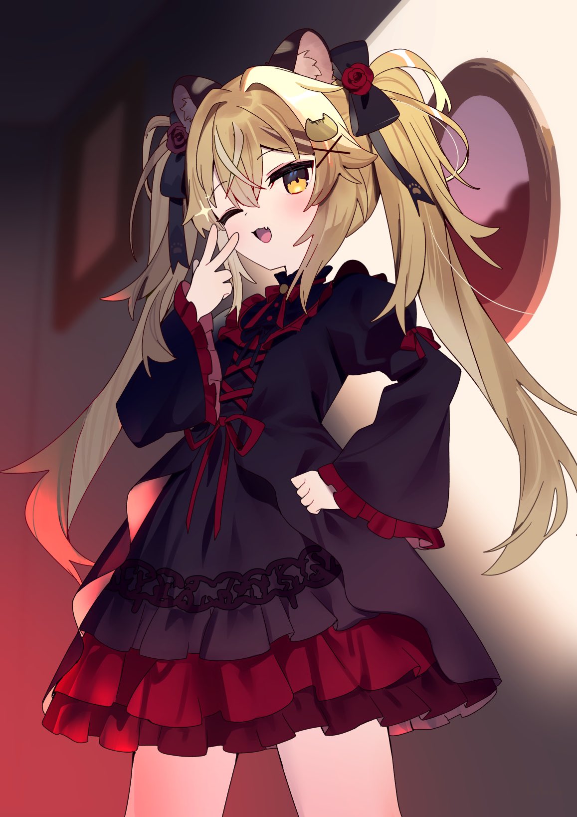 1girl ;d animal_ears animal_hair_ornament bangs black_dress blonde_hair bow bowtie collared_dress commentary cowboy_shot crossed_bangs dress fang frilled_dress frills hair_ornament hand_on_hip hand_up highres long_hair long_sleeves mirror multicolored_background one_eye_closed original red_bow red_bowtie red_dress smile solo standing twintails two-tone_dress v x_hair_ornament yellow_eyes zenshin
